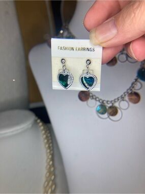 Heart Drop Abalone Shell Earrings - Silver Tone
